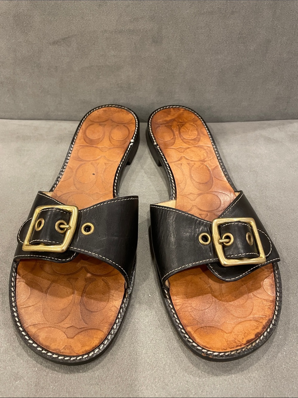 Vintage Coach Kristen Black Leather Slide Sandals Gold Buckles Size 8